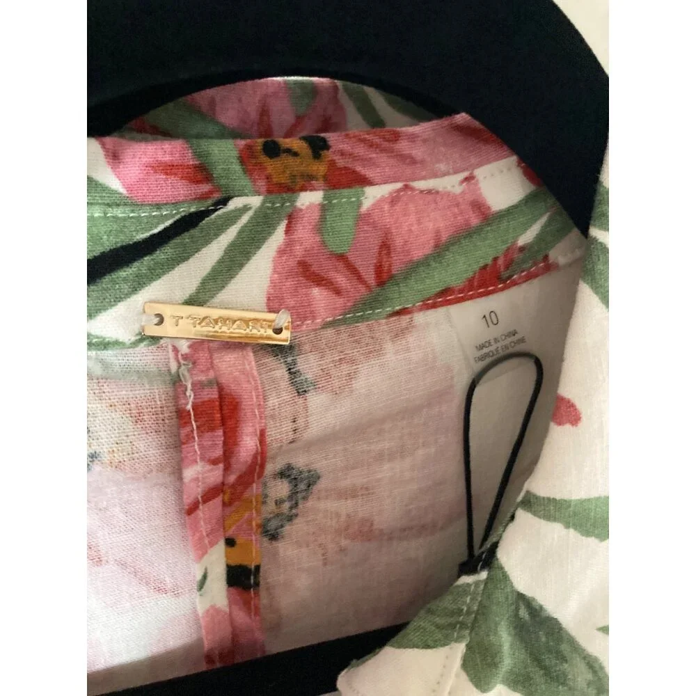 T Tahari  Hibiscus Pink and Green Linen Sleeveless Floral Dress Varies NWT - Picture 9 of 10